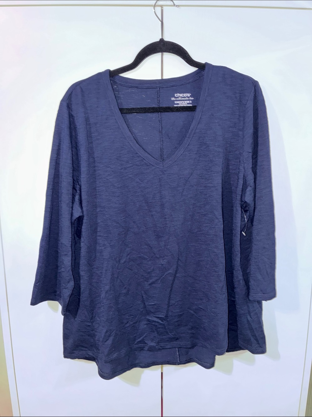 Chico's 3 XL Navy V-Neck Tee 3/4 Length sleeve NWOT